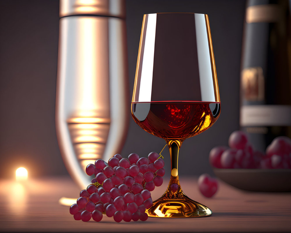 Red wine glass with golden stem, grapes, bottle, and candle on wooden surface