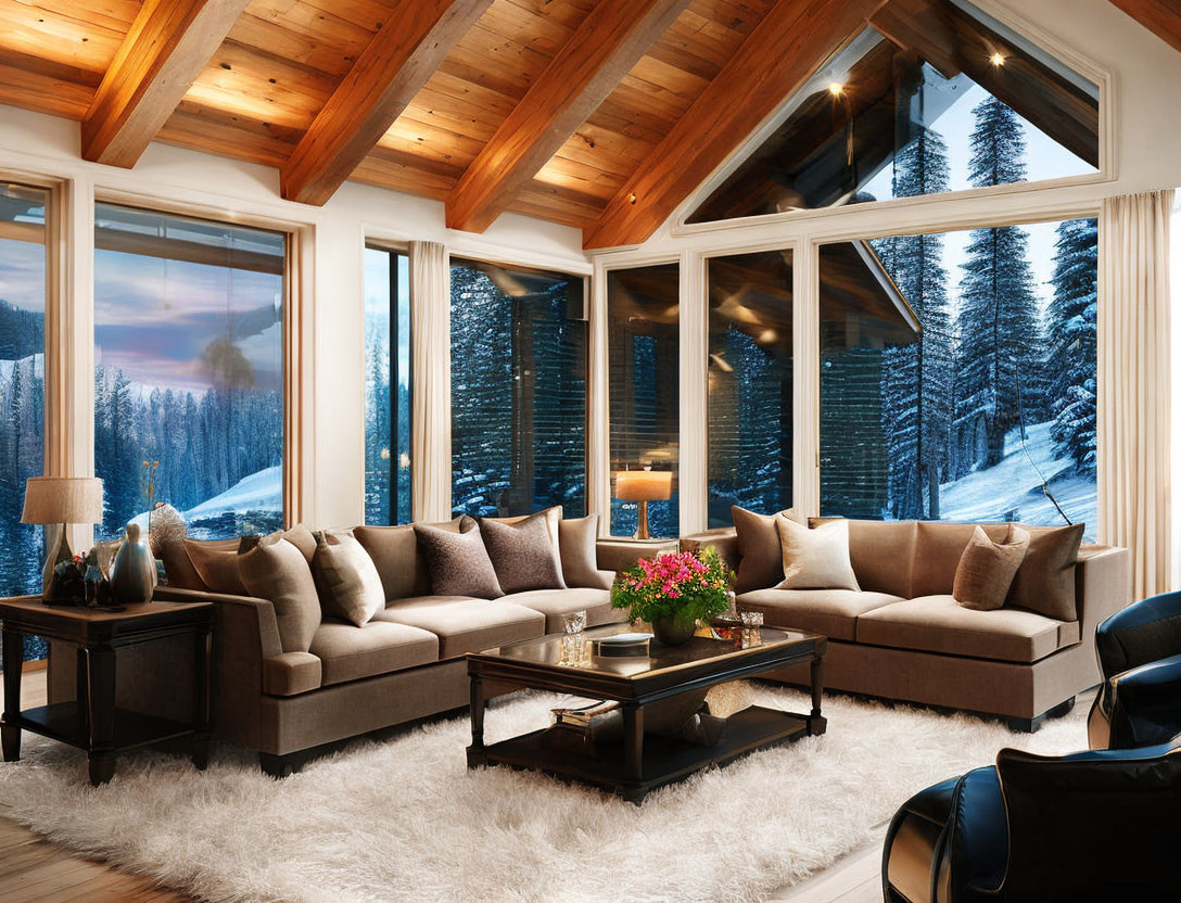 Mountain lodge living room with plush sofas, fireplace, snowy view, wooden beams.