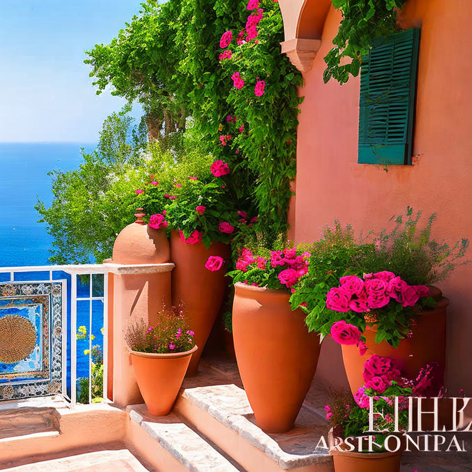 Vibrant terrace with pink flowers, turquoise railing, ocean view