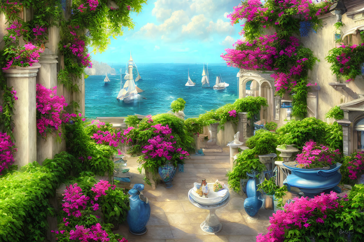 Scenic seaside view with pink flowers and sailboats