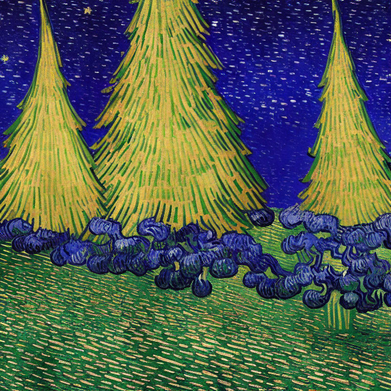 Vibrant starry night scene with yellow cypress trees and swirling blue/violet bushes