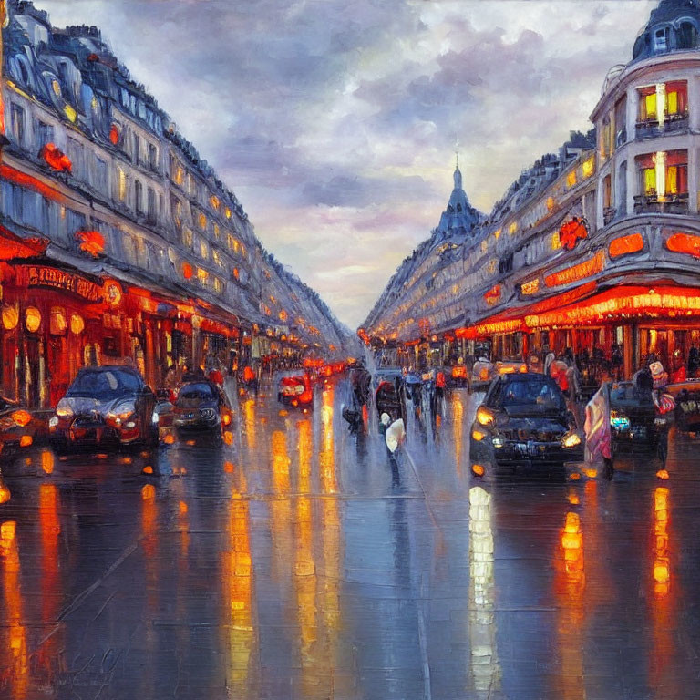 Vibrant painting of Parisian street at dusk with illuminated storefronts and silhouettes of people