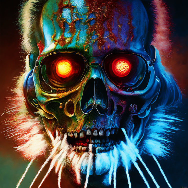 Colorful Skull Artwork with Cybernetic Enhancements and Glowing Red Eyes
