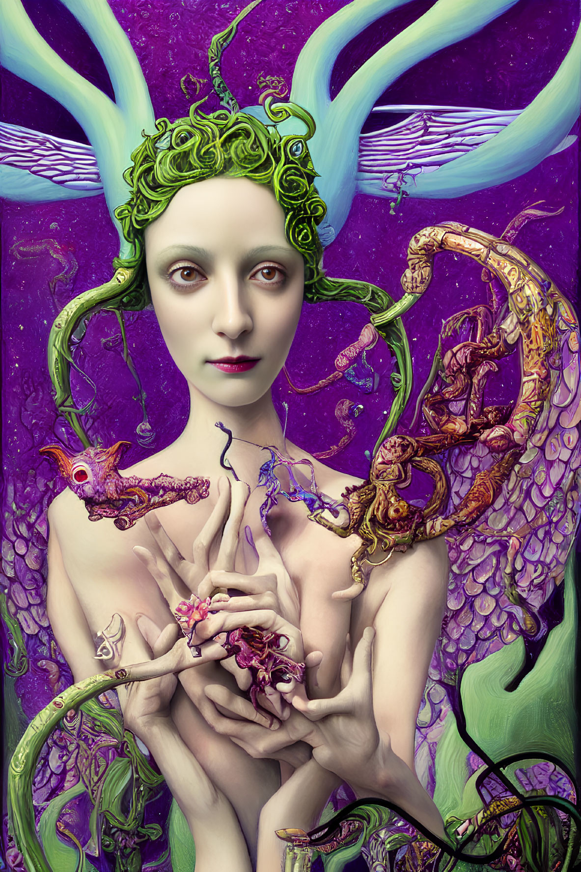 Surreal portrait of figure with green hair and antler-like horns holding a twisting creature