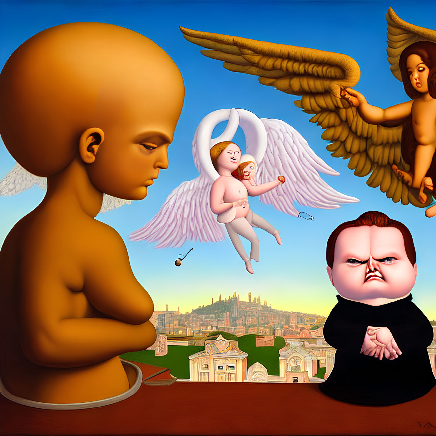 Surreal painting featuring oversized baby head, cherubic figures, angelic wings, cityscape,