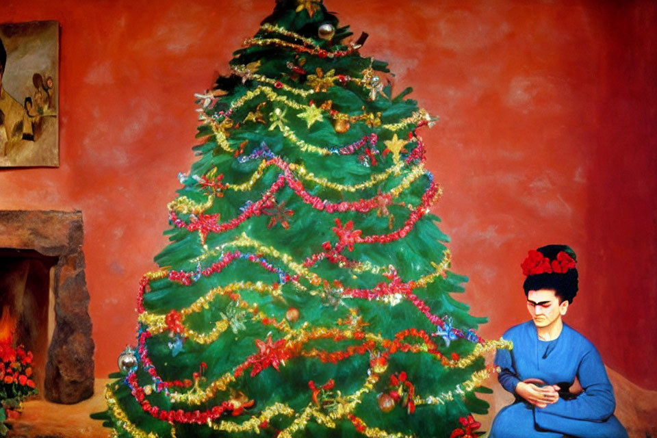 Person with distinctive hairstyle and floral headpiece in front of decorated Christmas tree in warm-toned room