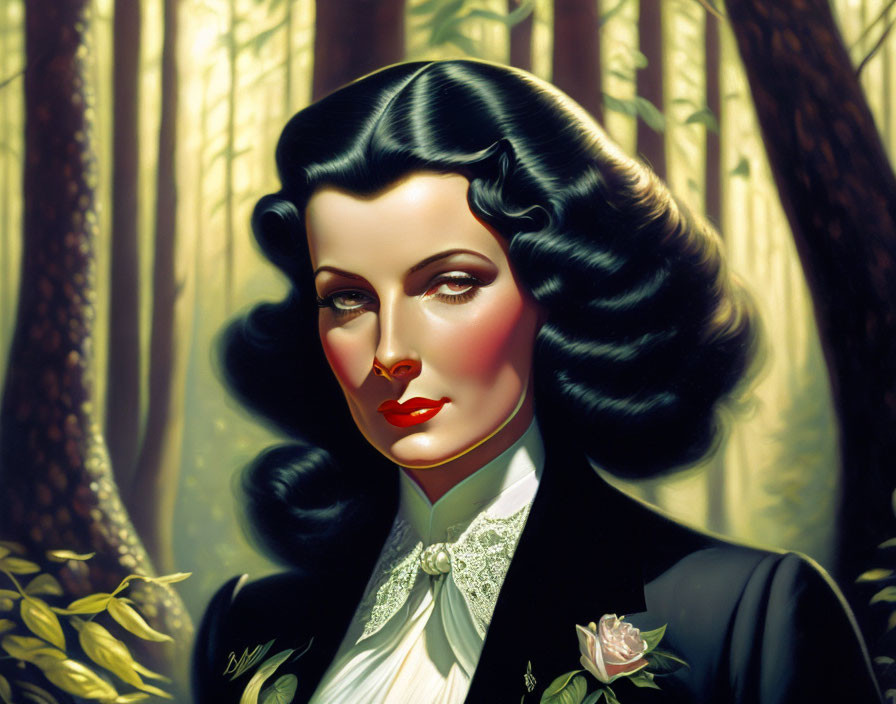 Digital Art: Woman with Wavy Hair and Red Lips in Classic Attire Amid Forest