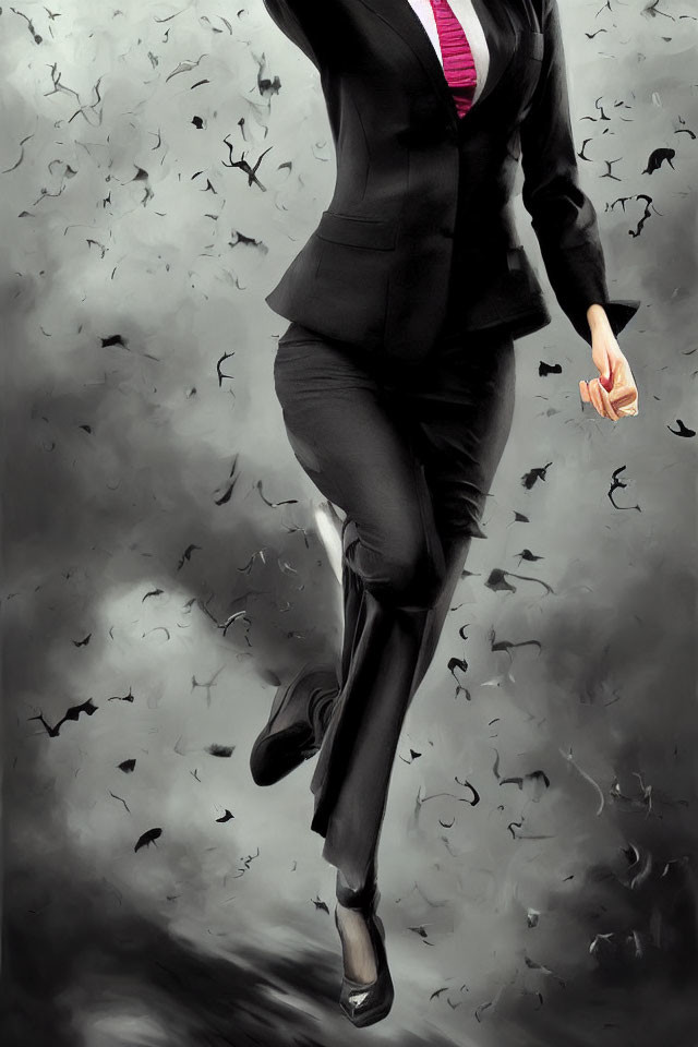 Person in Black Suit Walking Among Dark Abstract Shapes