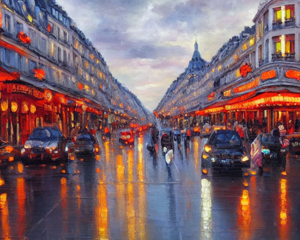 Vibrant painting of Parisian street at dusk with illuminated storefronts and silhouettes of people