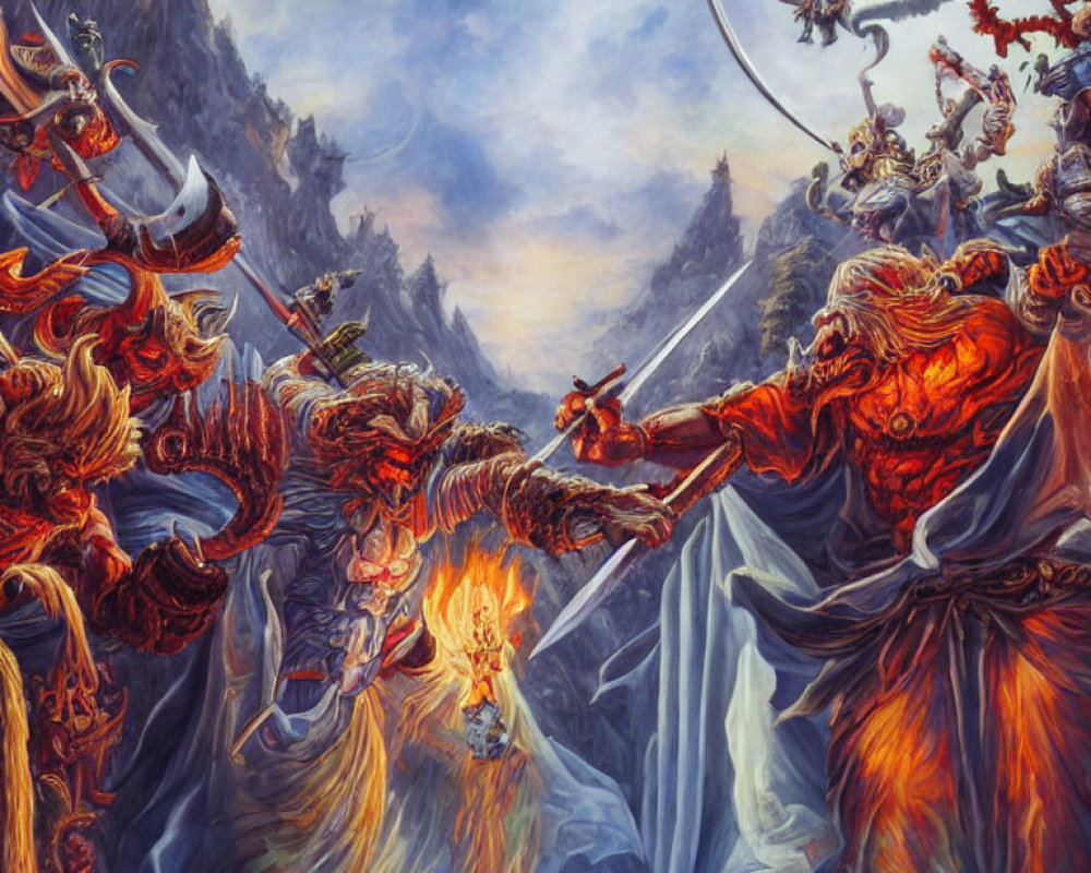 Fiery demonic creatures battle in rocky landscape