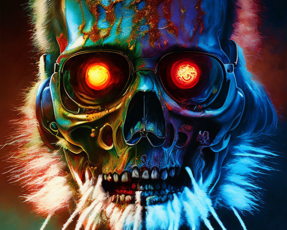 Colorful Skull Artwork with Cybernetic Enhancements and Glowing Red Eyes