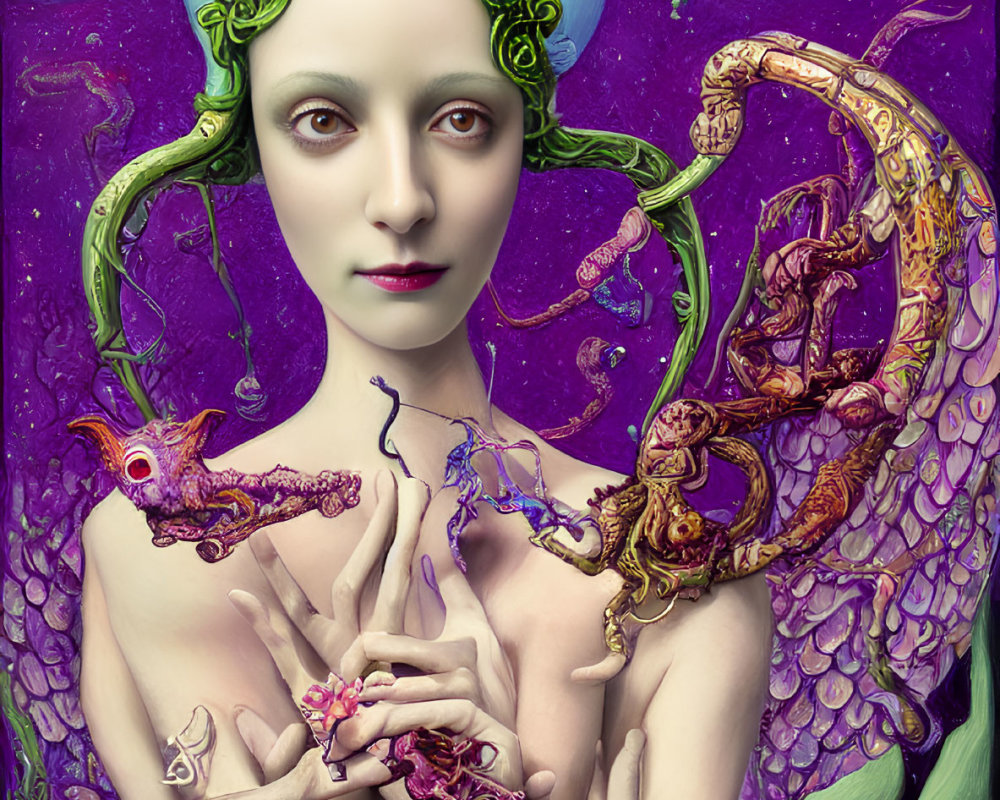 Surreal portrait of figure with green hair and antler-like horns holding a twisting creature