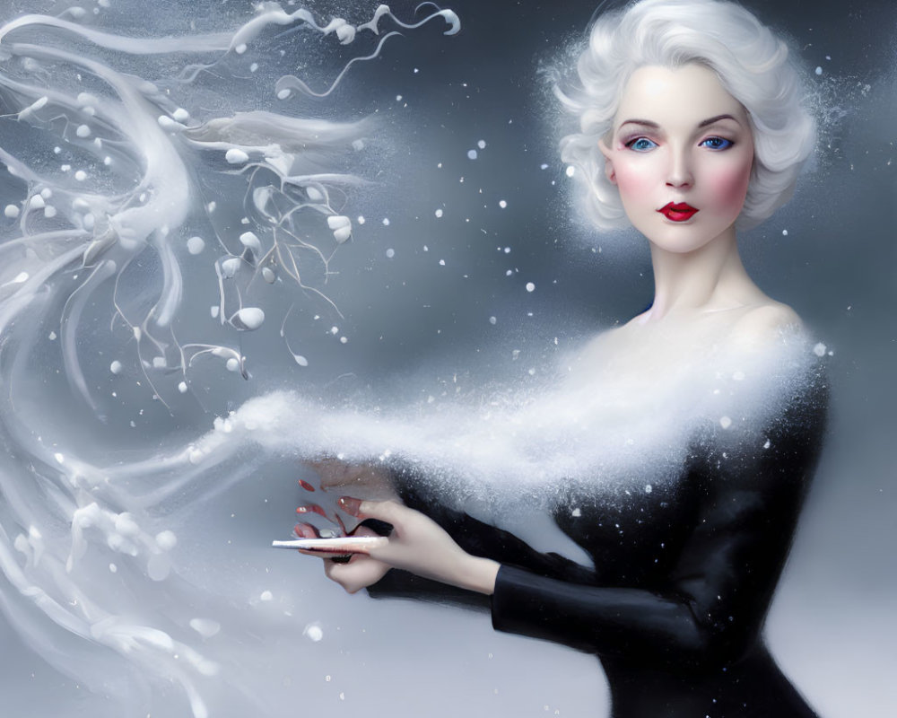Illustrated woman with pale skin, red lips, snowy hair in swirling mist.