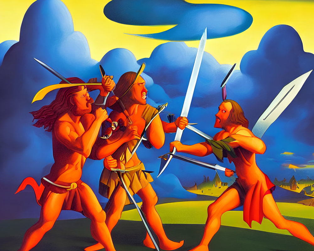 Muscular warriors in loincloths sword fight under dramatic sky