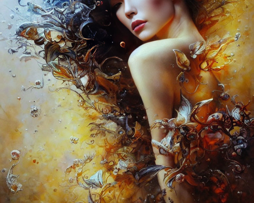 Woman's portrait with flowing hair and abstract liquid and leaf design elements in warm tones.