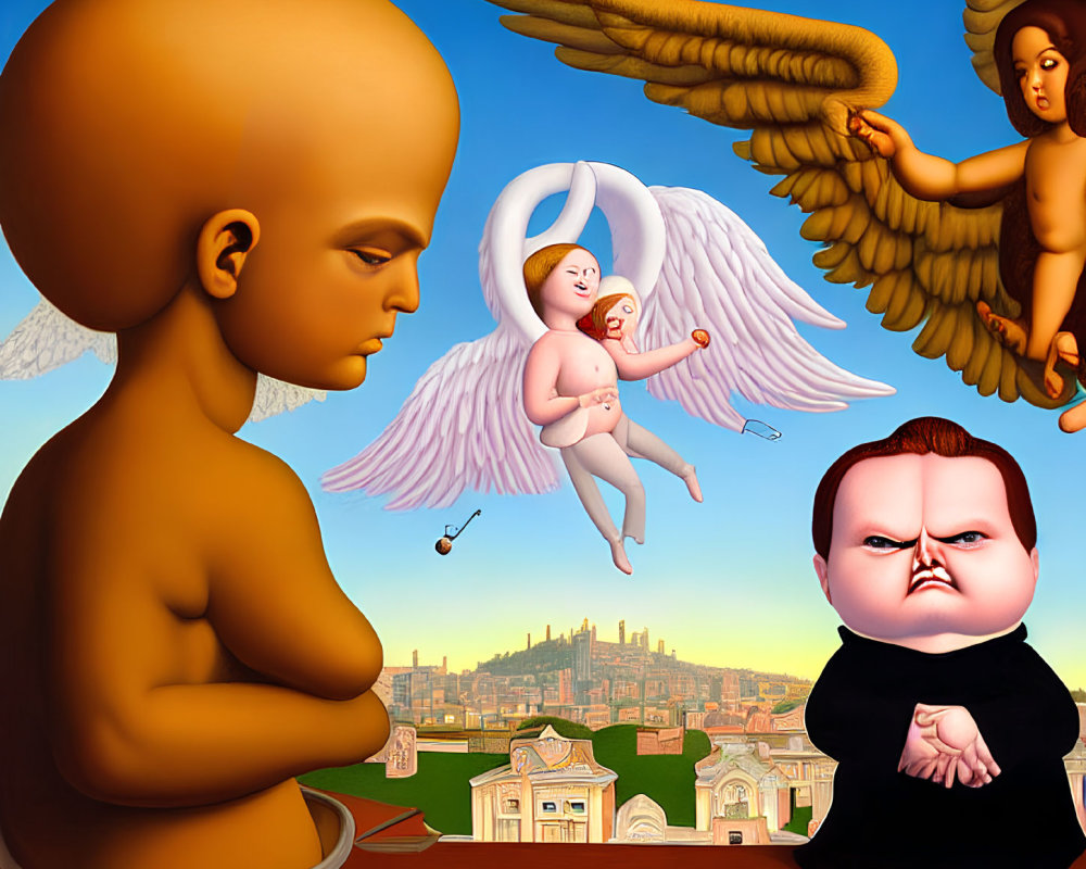 Surreal painting featuring oversized baby head, cherubic figures, angelic wings, cityscape,