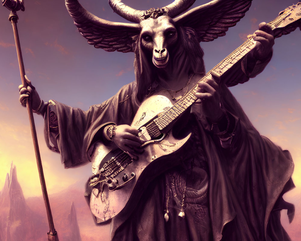 Anthropomorphic goat-like figure with staff and guitar in dark robes against dusky landscape