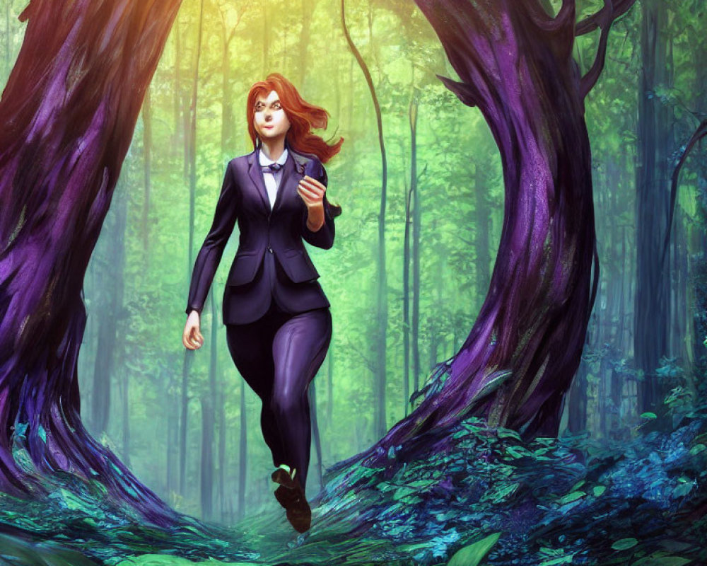 Businesswoman navigating mystical forest with glowing blue foliage and twisted tree gateway