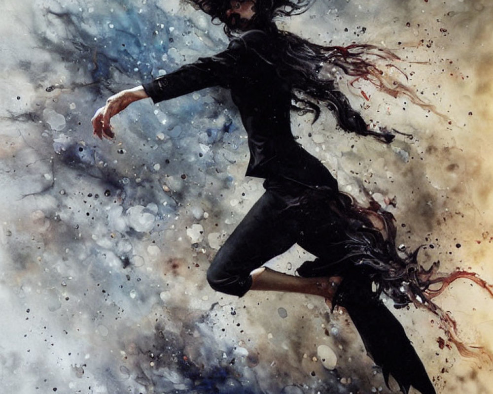 Floating figure in black amidst dark and light watercolor splashes