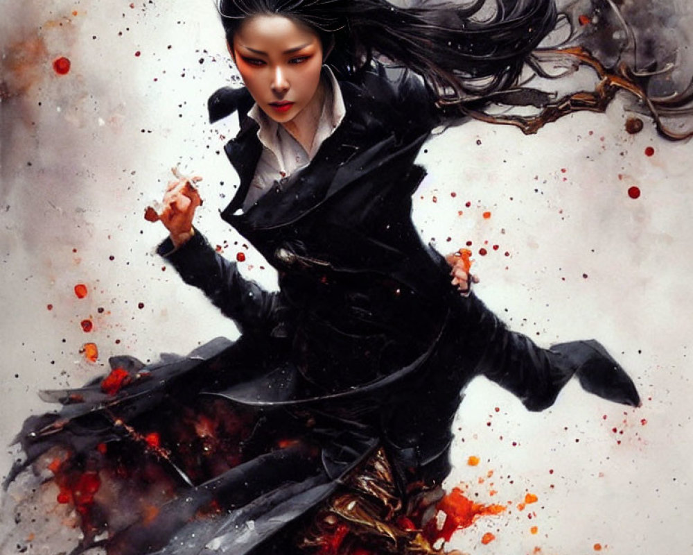 Dynamic woman with flowing hair in black attire surrounded by red and white paint splatters