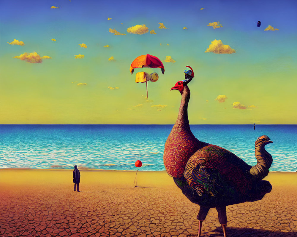Surreal image: giant peacock, small figure, odd elements on cracked beach, calm sea