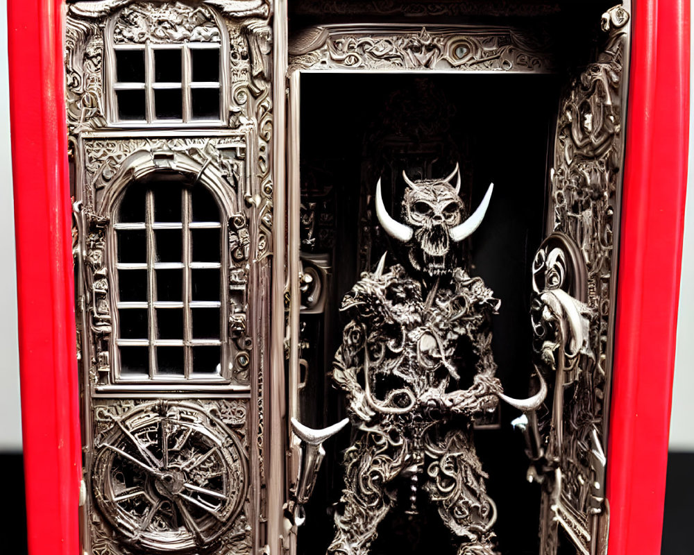 Monochrome demon figure with trident in ornate gothic telephone booth
