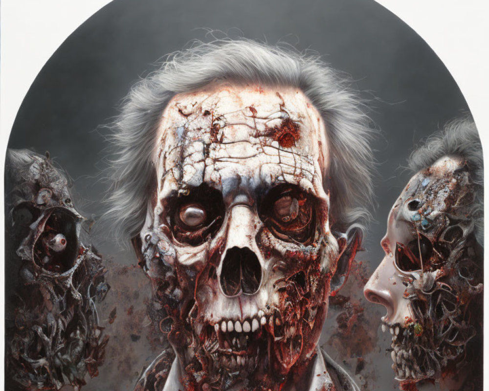 Gruesome undead figures with decaying flesh and exposed skulls in somber setting