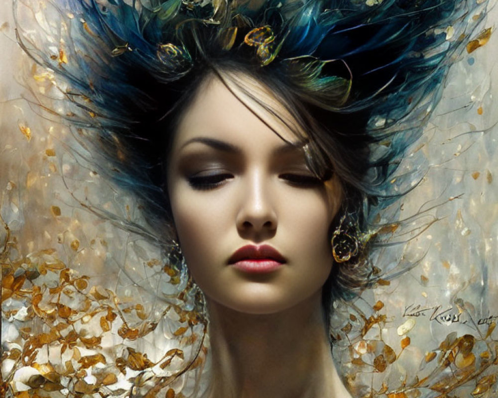 Surreal portrait of woman with blue and teal hair and butterflies