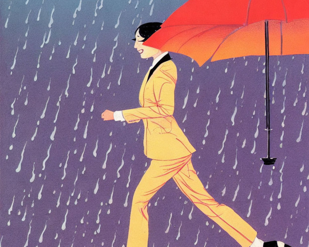 Person in Yellow Suit Walking in Rain with Red Umbrella