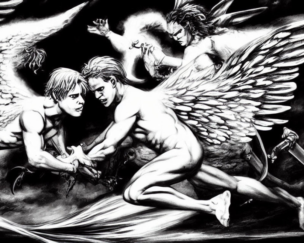 Monochrome artwork featuring three angels in intense exchange with pronounced wings and a sword.