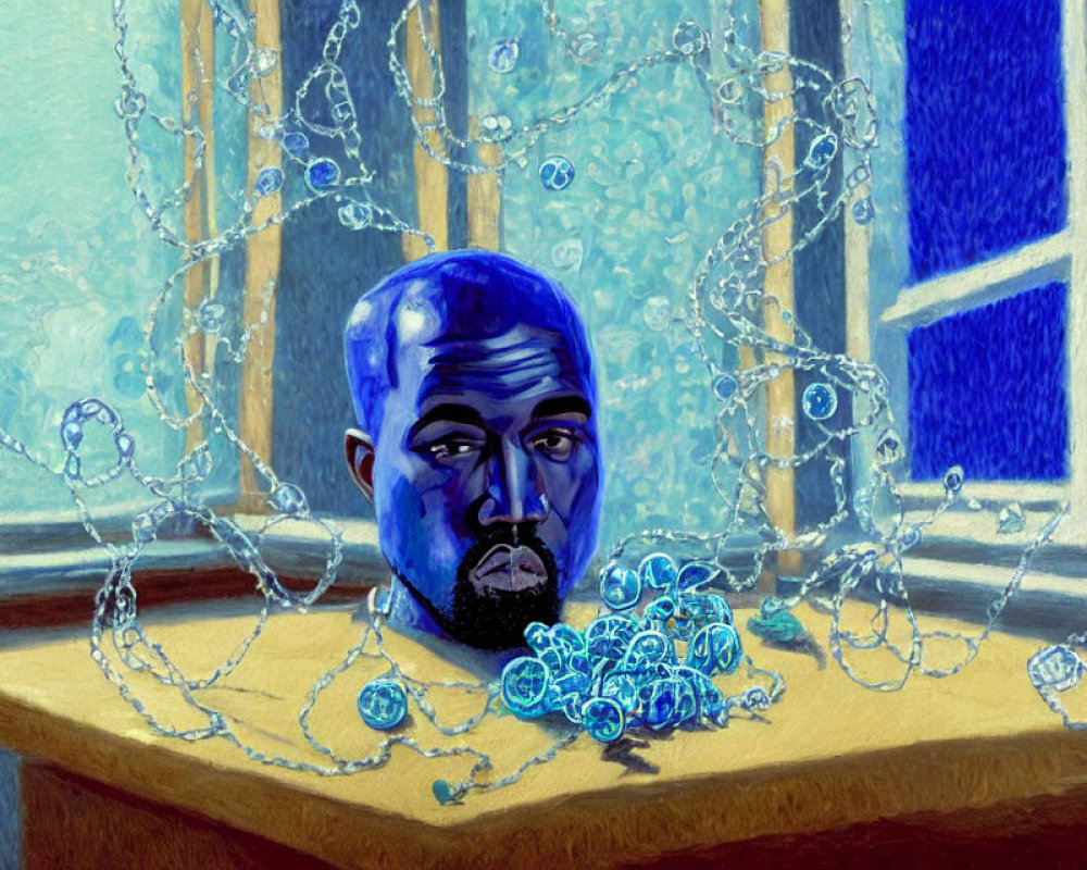 Blue-toned painting of bearded man with chains against geometric window.