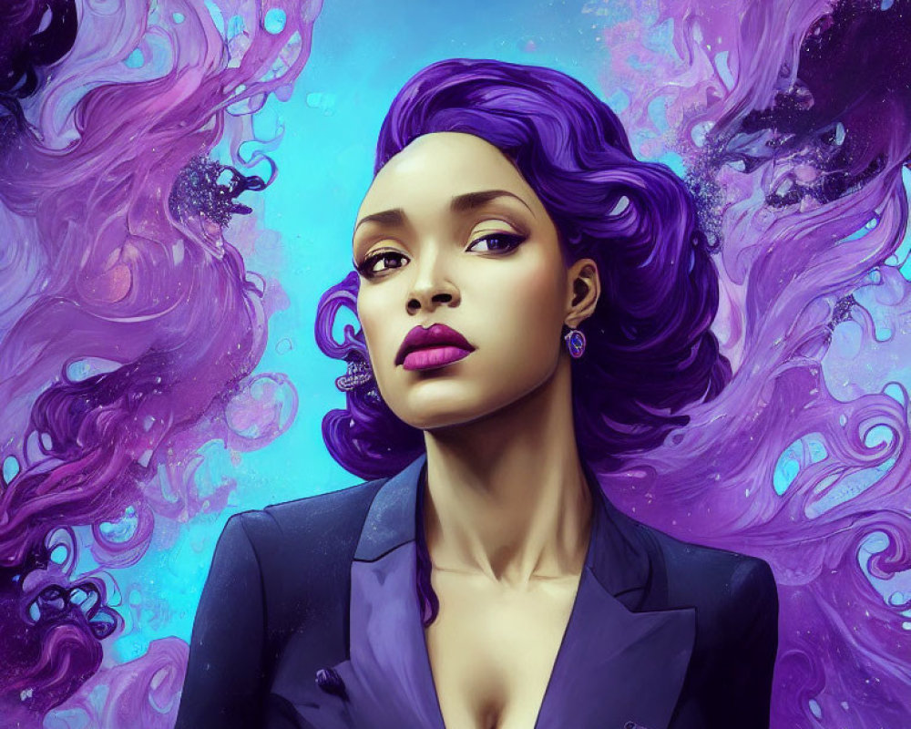 Purple-haired woman in suit with cosmic patterns - Illustration