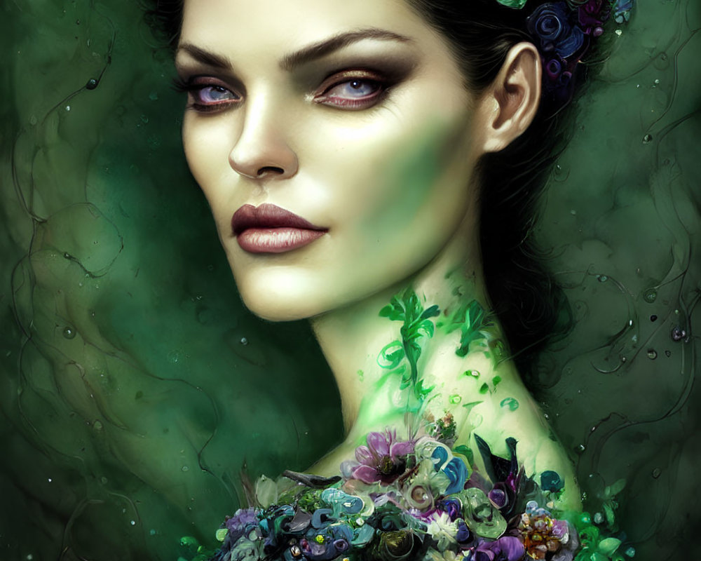 Detailed digital portrait of woman with floral & jewel-like accents on dark green background