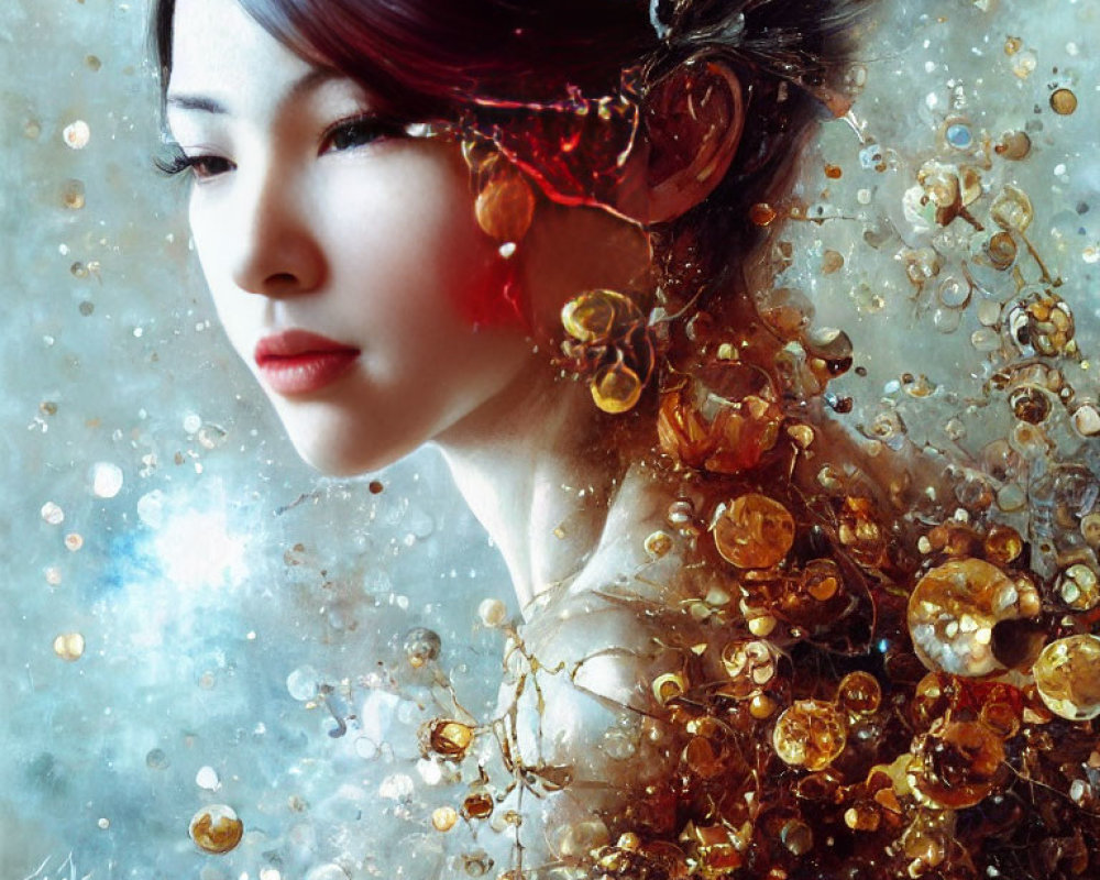 Asian woman with serene expression and gold embellishments in ethereal setting