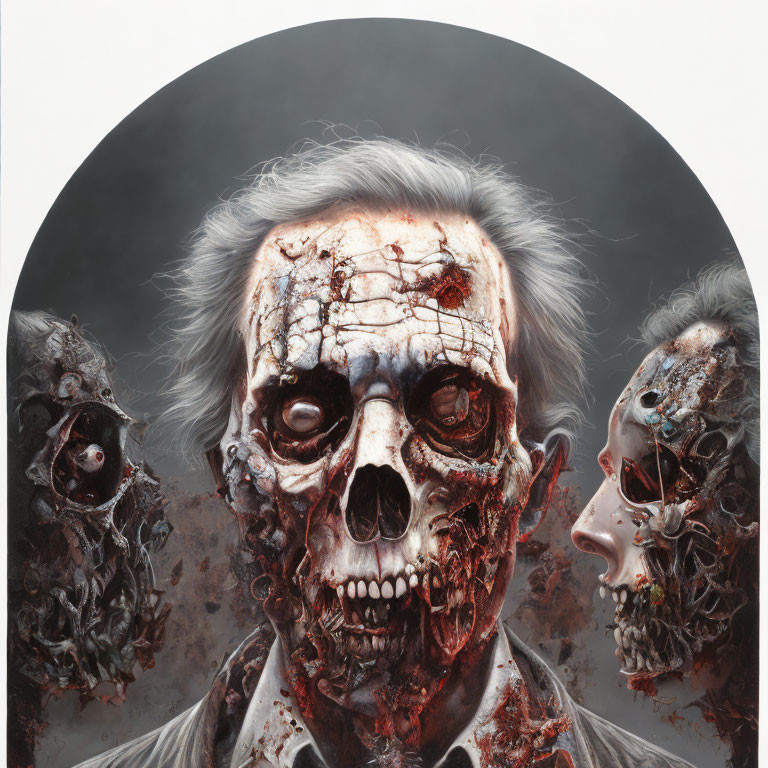 Gruesome undead figures with decaying flesh and exposed skulls in somber setting
