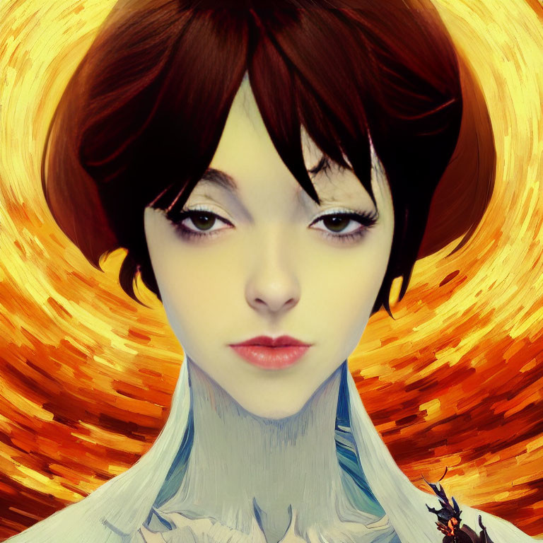 Stylized digital portrait of young woman with expressive eyes and red figure on shoulder