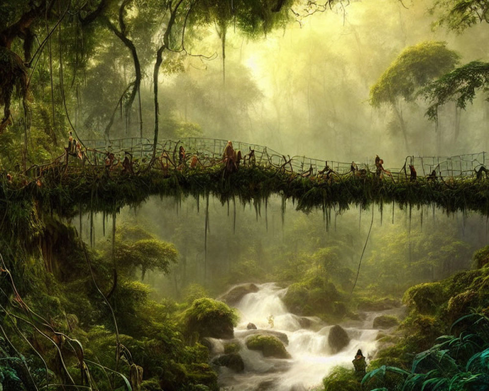 Travelers cross misty jungle rope bridge above flowing river