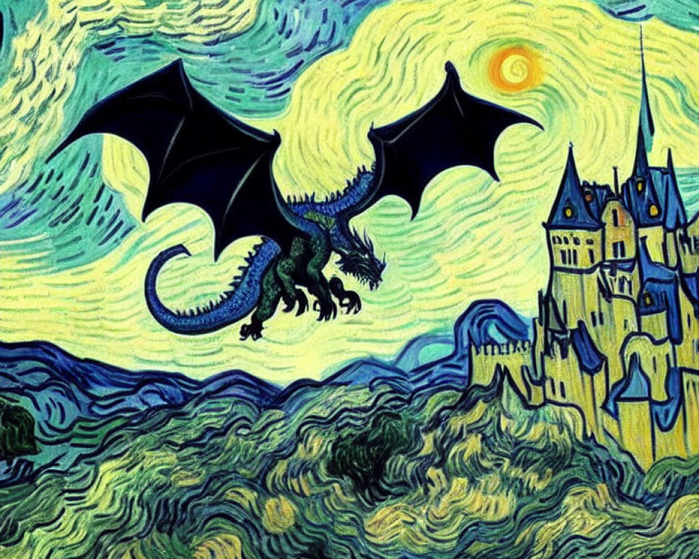 Dragon flying over Van Gogh-inspired landscape with swirling sky and castle
