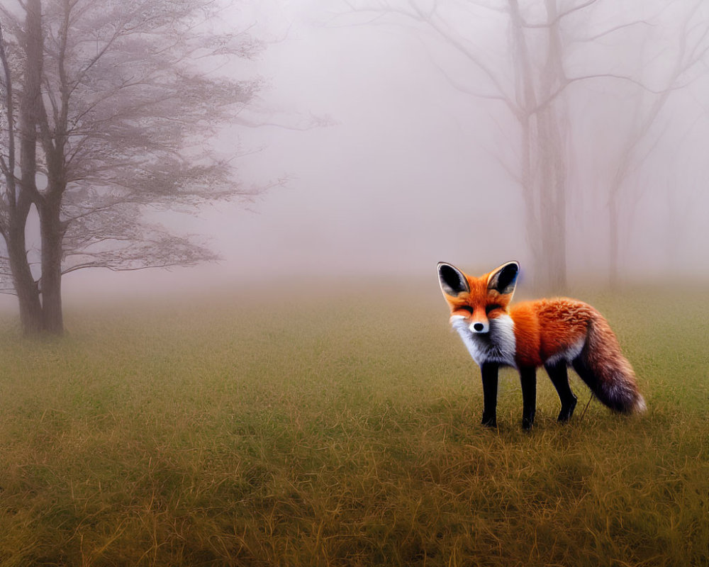 Red fox in misty field with bare trees shrouded in fog