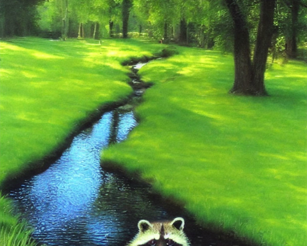 Colorful Stream Painting with Raccoon in Woodland