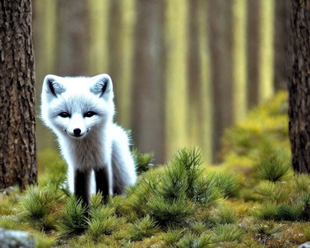 White Fox Observing Pine Trees in Lush Green Forest