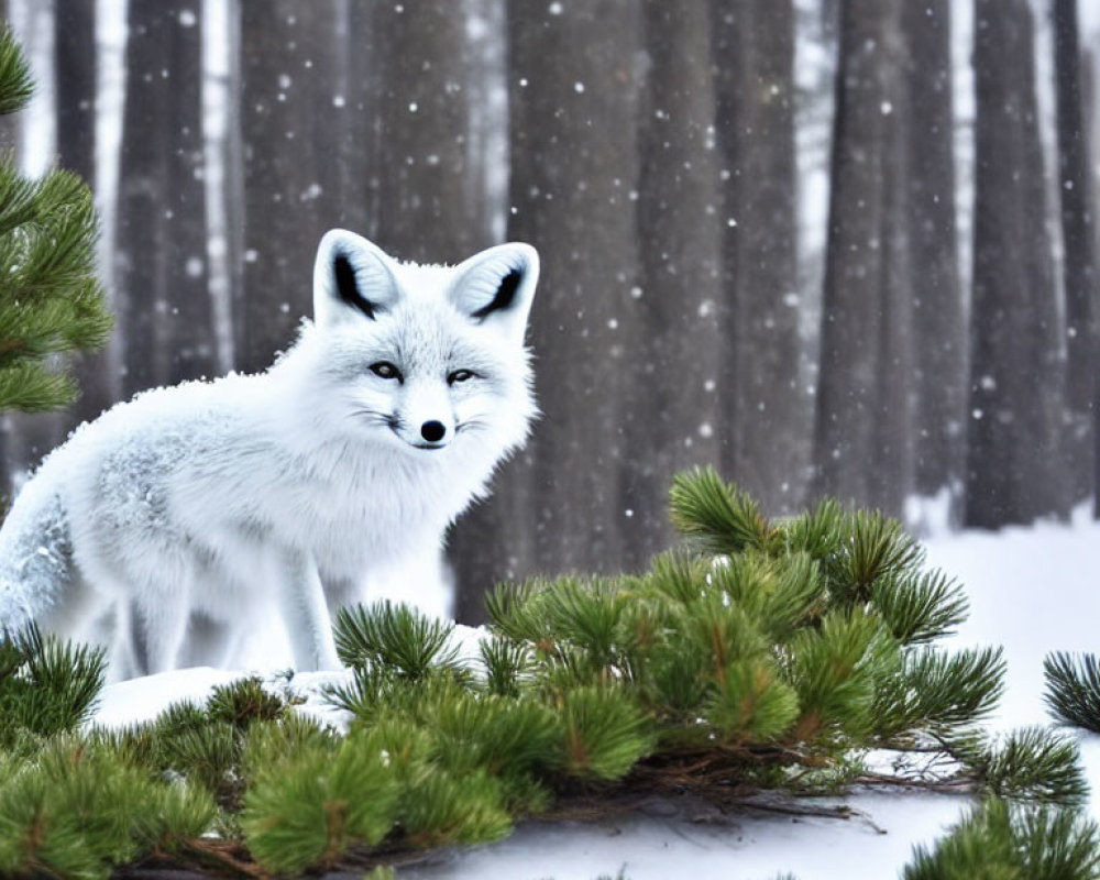 White fox on green pine branch in snowy forest landscape