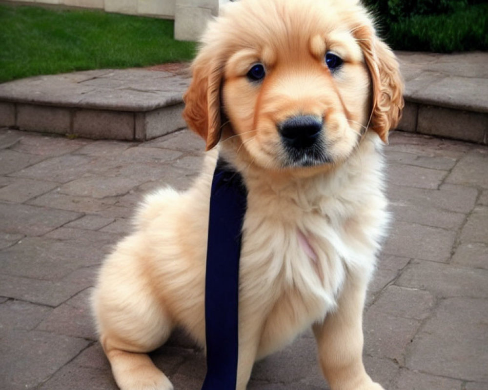 Adorable Golden Retriever Puppy with Blue Leash Sitting on Pavement