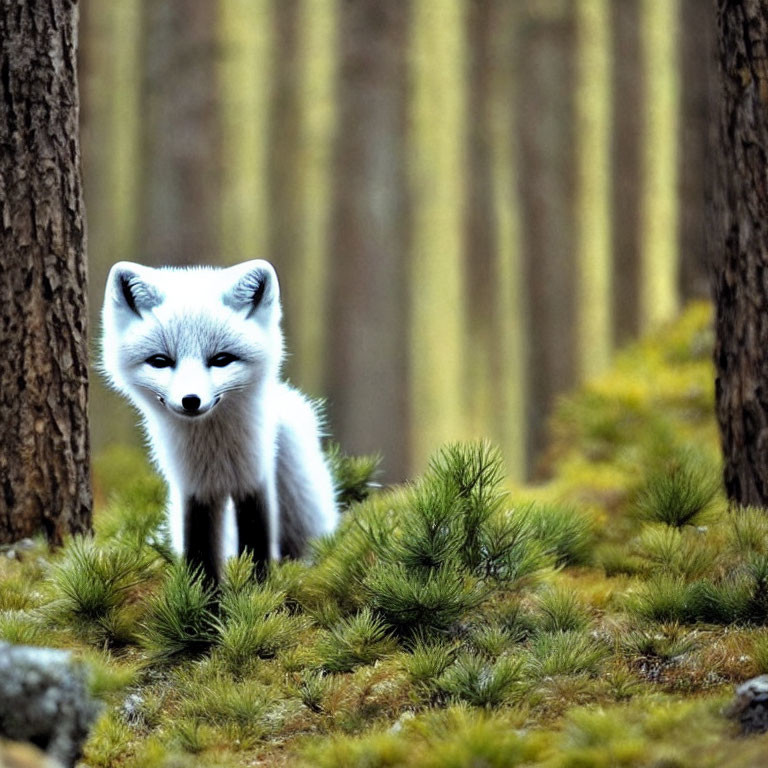 White Fox Observing Pine Trees in Lush Green Forest