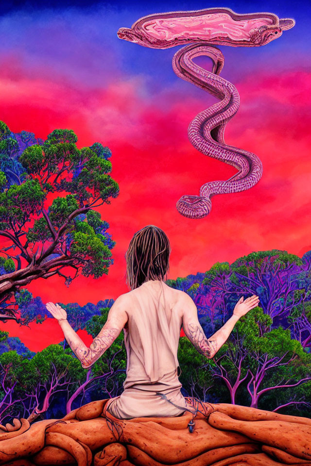 Person meditating on rocky outcrop under red sky with snake and forest backdrop