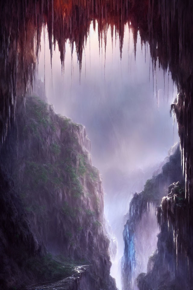 Enchanting cave with stalactites, lush greenery, and gentle glow