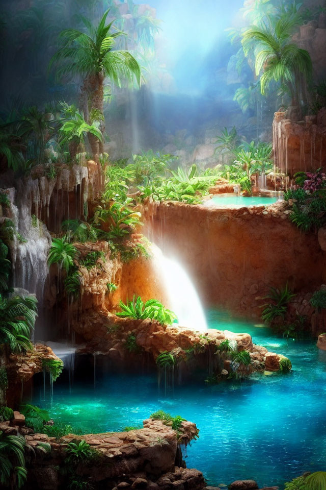 Tranquil Tropical Oasis with Waterfall, Palm Trees, and Blue Pool
