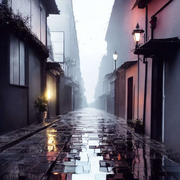 Cobblestone Alley Scene with Glowing Street Lamps