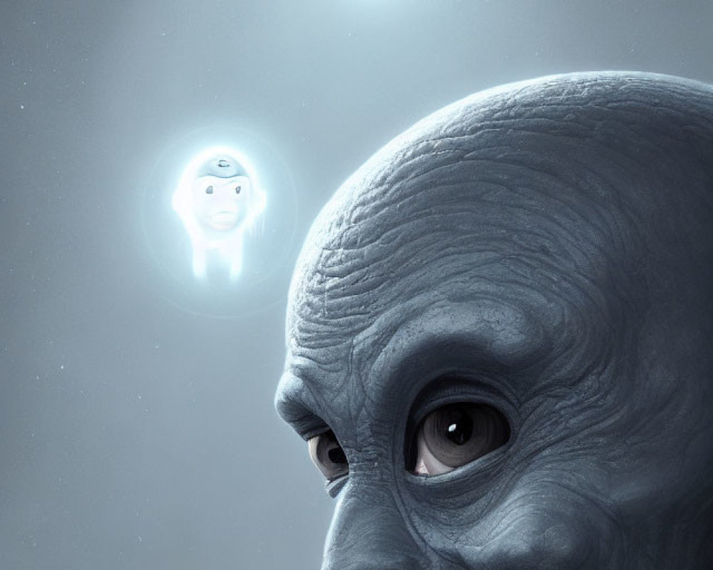 Grey alien with large black eyes and ghost-like figure under starry sky