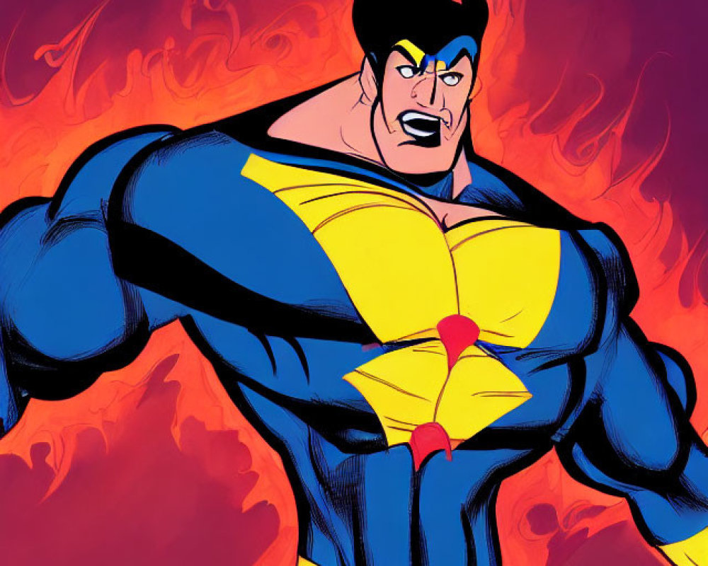 Muscular superhero in blue and yellow suit on fiery red backdrop